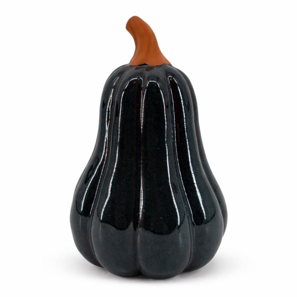 Dark Blue Glazed Ceramic Gourd Figurine Tall Ribbed Pumpkin Fall Decor 8.5"